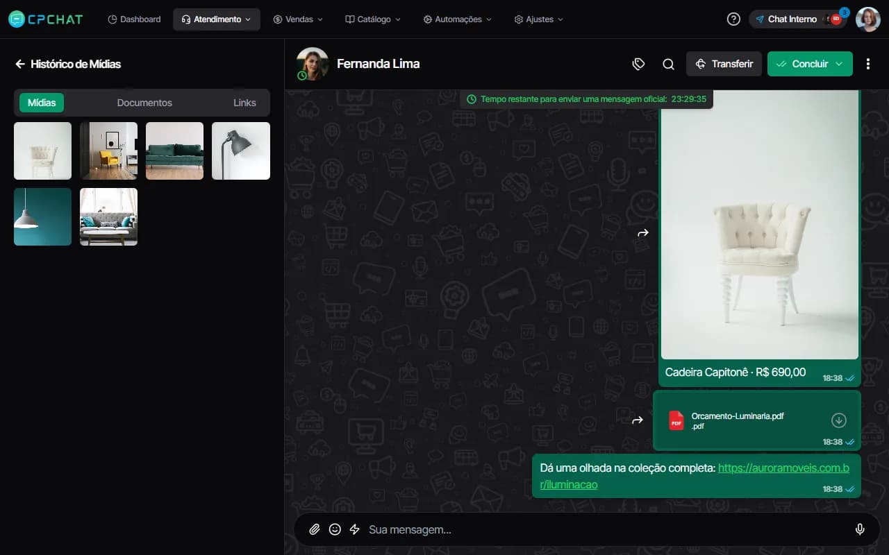 Mídias, documentos e links no CPChat