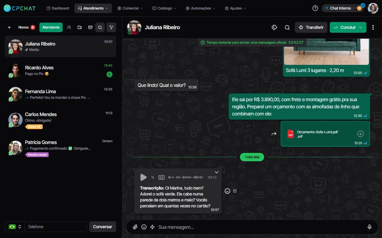 Transcrição de áudio no CPChat