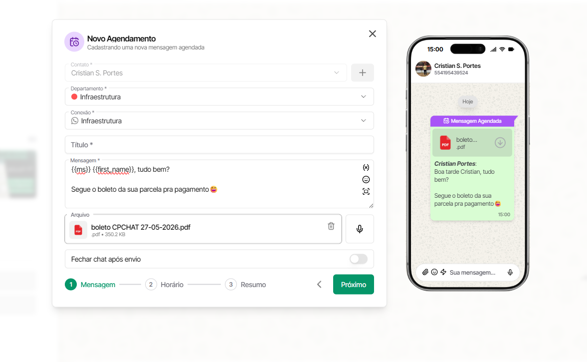 Tela de agendamento do CPChat com preview da mensagem no WhatsApp e envio de boleto PDF