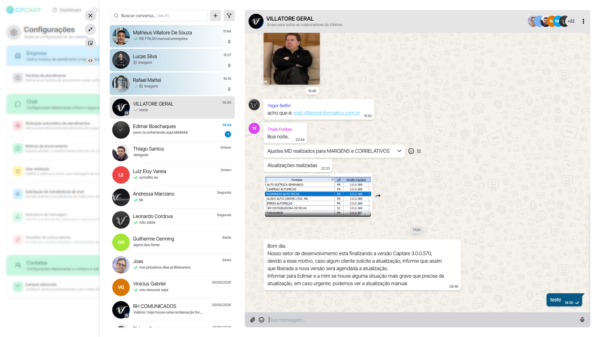 Chat interno CPChat com configurações e conversas da equipe